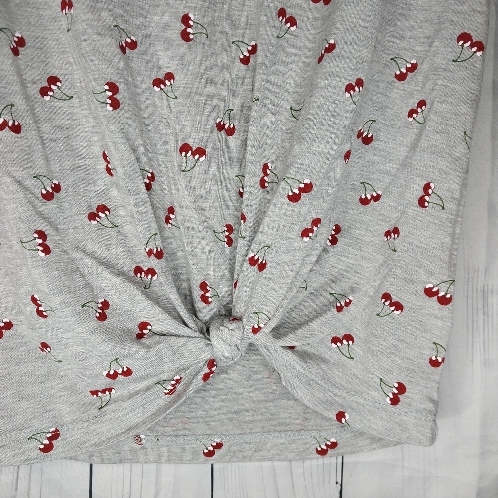 Belle Du Jour Gray Cherry Print Tie Front Casual Crew Neck Y2K Style Shirt - Picture 4 of 10